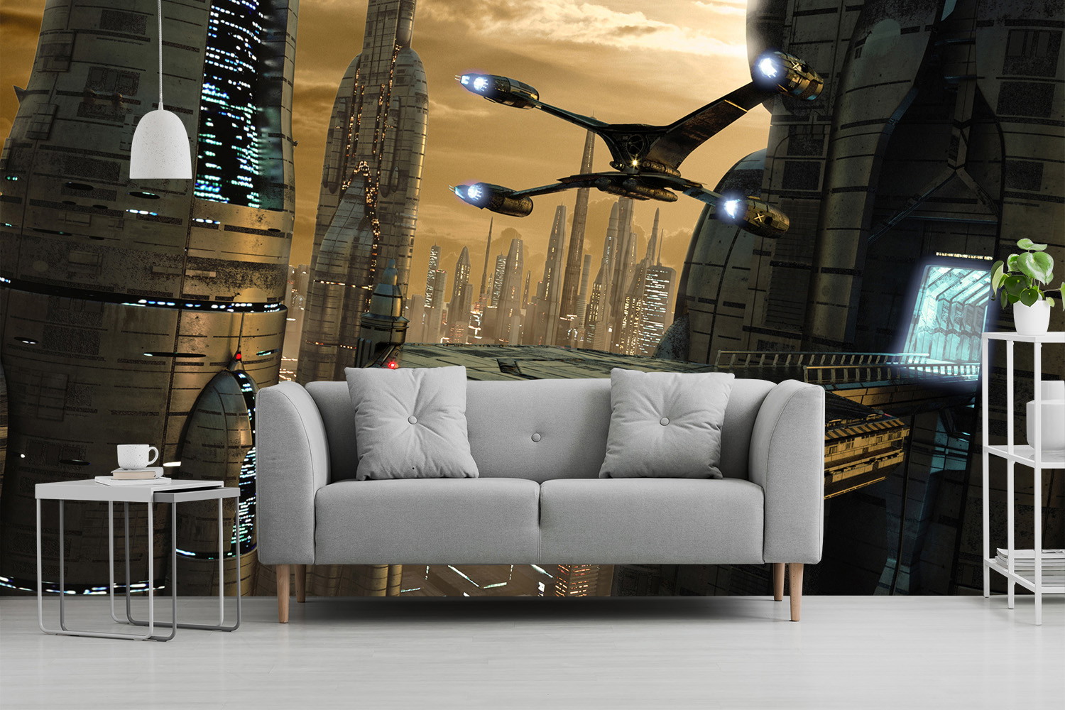 Wall mural - Futuristic city with skyscrapers and a spaceship flying by in the foreground