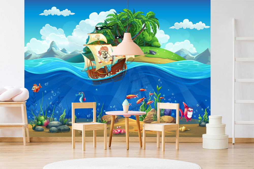 Fototapete - Bunte Piratenszene mit Insel, Segelschiff und Meeresleben als Kinderzimmerdekoration