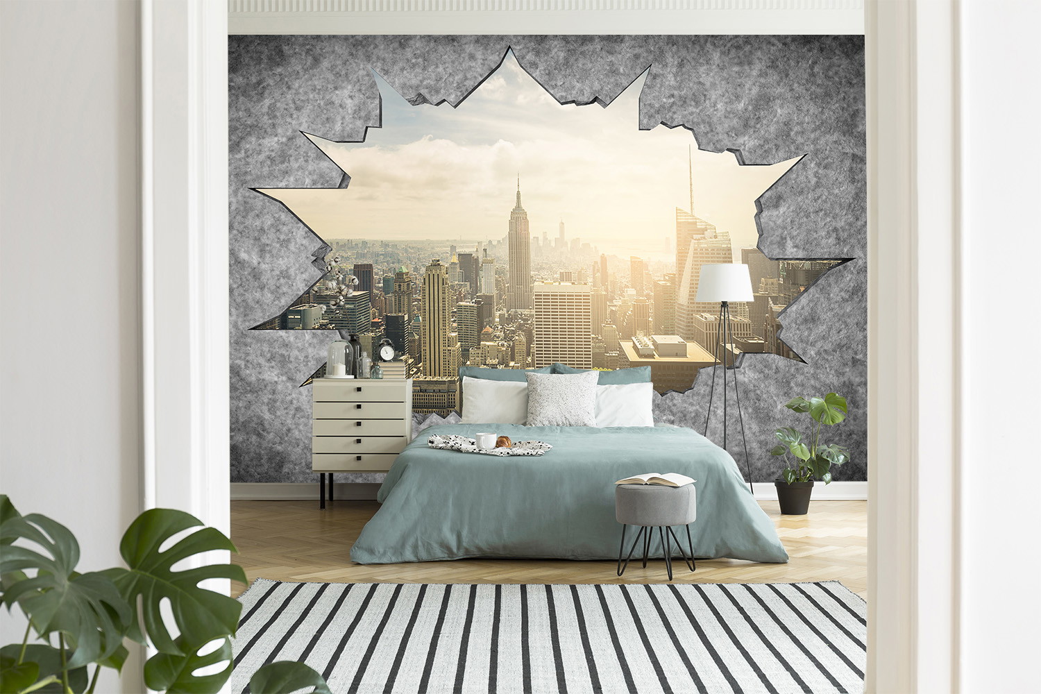Wall mural - A bedroom with a grey wall showing a cityscape of New York. The room is furnished in a modern style with a bed, bedside table and floor lamp.