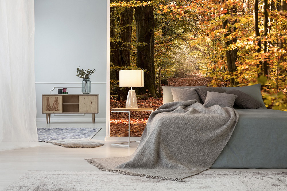 Fototapete - Schlafzimmer mit Herbstwald-Tapete, Bett mit grauer Decke und Nachttischleuchte vor herbstlichem Waldpfad