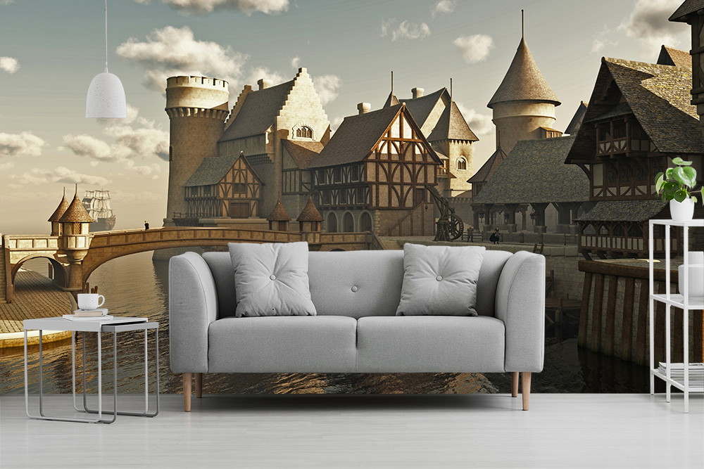 Wall mural - Sofa in front of an impressive medieval cityscape with castles and half-timbered houses by the water