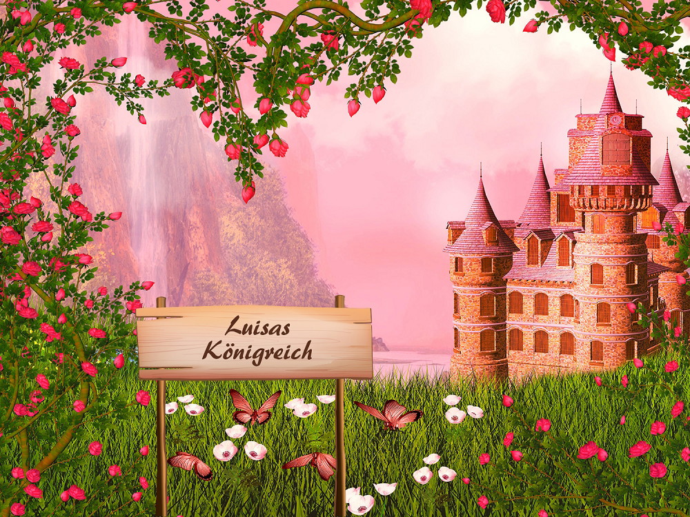 Papier peint photo - Un château rose entouré de roses en fleurs et d'un panneau portant l'inscription 'Le royaume de Luisa' dans un paysage romantique de conte de fées