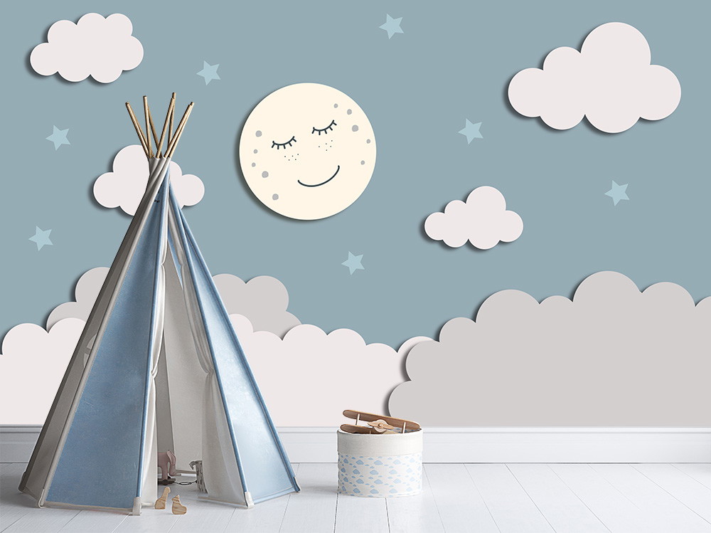Fototapete - Verspieltes Design mit Mond, Wolken und Tipi im Kinderzimmer