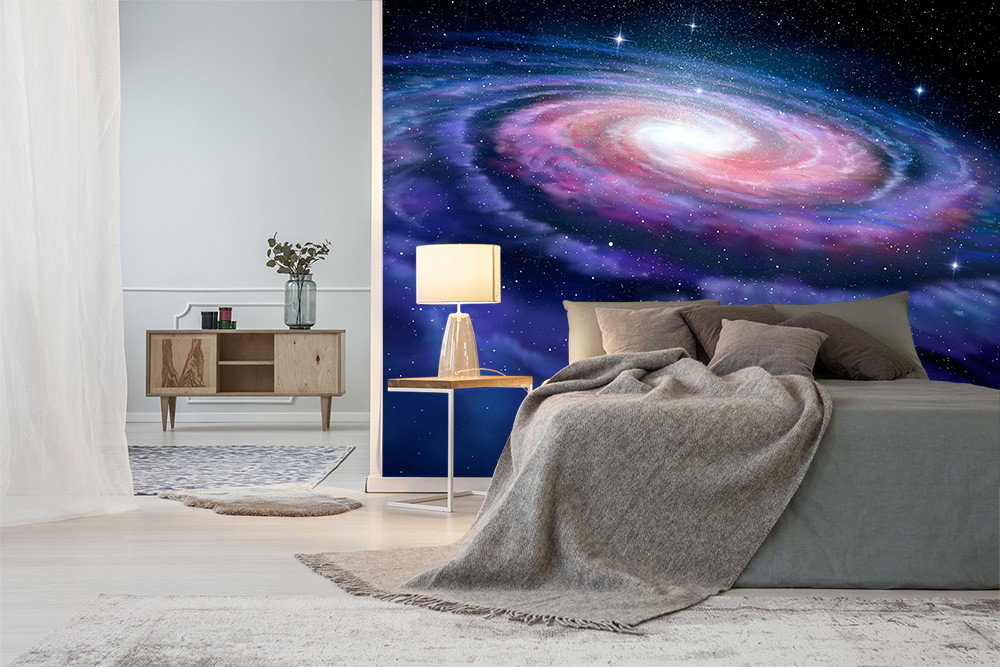 Fototapete - Schlafzimmer mit einer beeindruckenden Galaxienbild-Wanddekoration