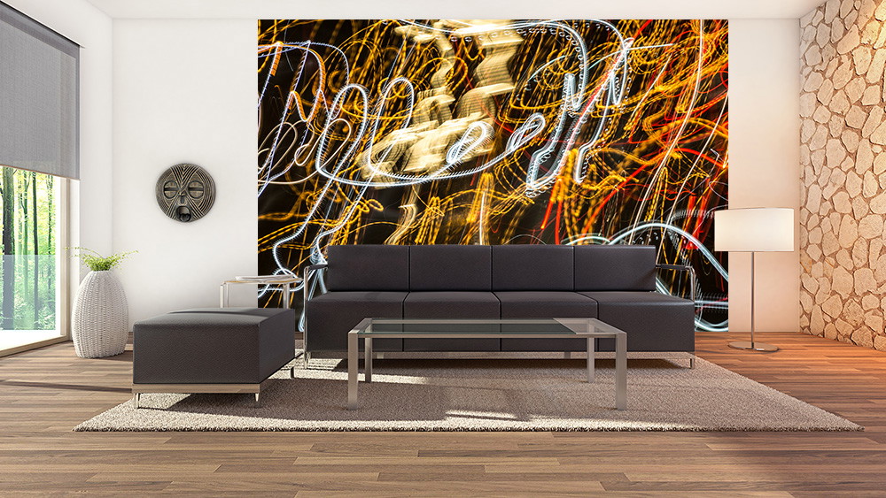 Papier peint photo - salon avec art abstrait moderne montrant des lignes de lumière dynamiques