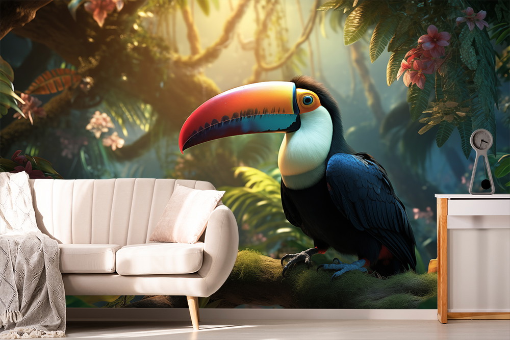 Wall mural - Toucan on branch in bright green rainforest, surrounded by plants and flowers