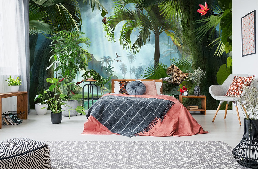 Fototapete - Tropisches Schlafzimmer mit Dschungelmotiv und Pflanzen