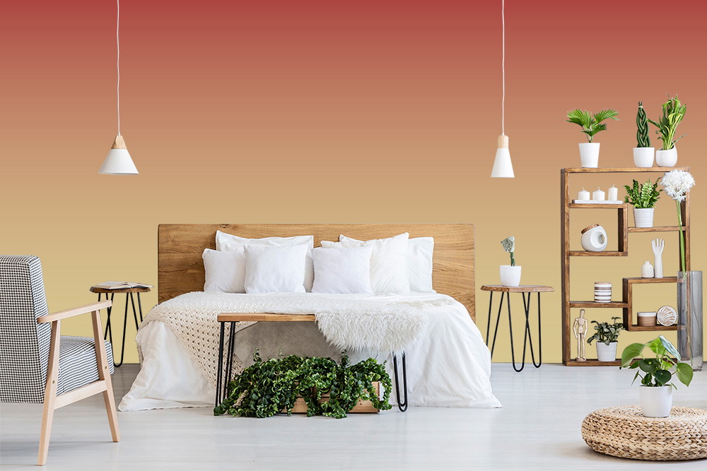 Wall mural - Modern and stylish bedroom with wood and plant decorations, warm colour gradient on the wall and cosy ambience