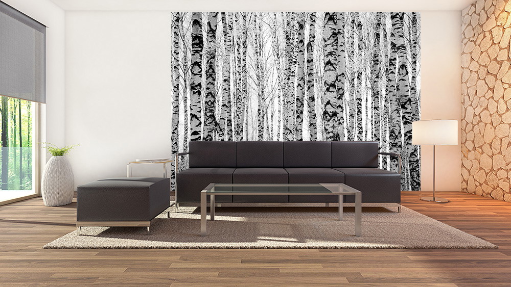 Fototapete - Modernes Wohnzimmer mit stilvoller Birkenwald-Fototapete, schwarzem Sofa und Glastisch