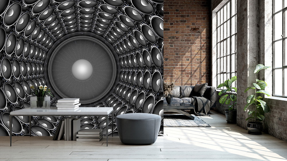 Fotobehang - Woonkamer met industrieel design en opvallende 3D-luidspreker-wanddecoratie