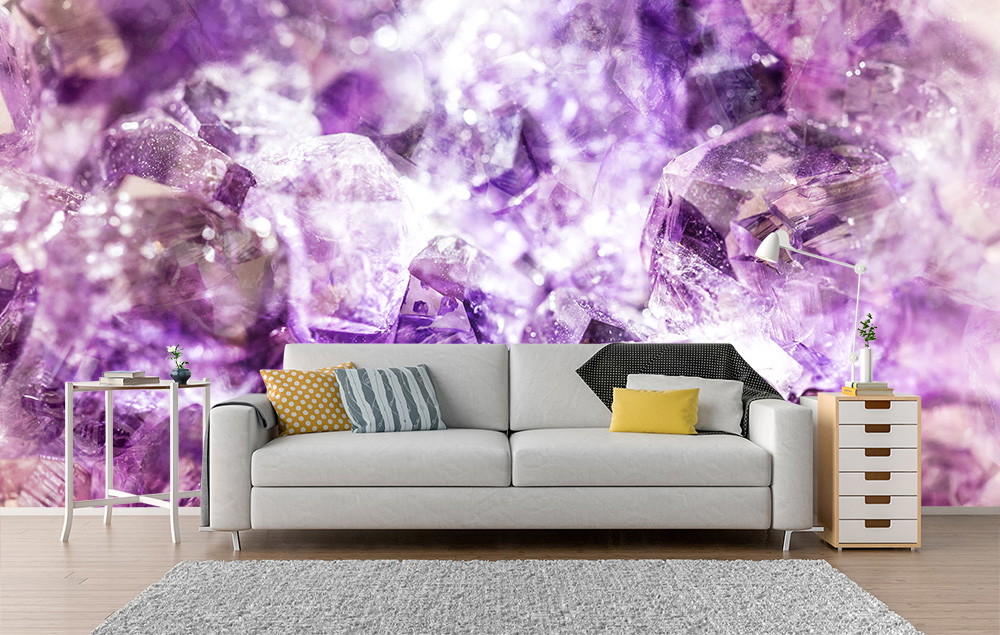 Wall mural - White couch in front of a wall with purple amethyst crystals as a wall mural in the living room