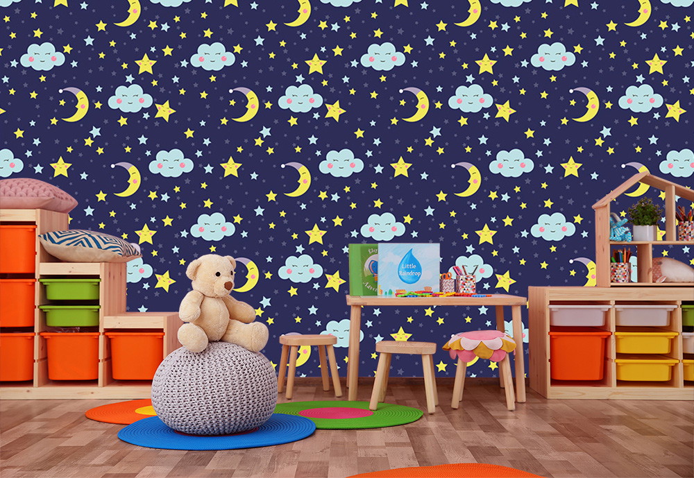 Papier peint photo - papier peint coloré pour enfants avec des lunes jaunes, des étoiles et des nuages bleus, des meubles et des jouets dans la chambre