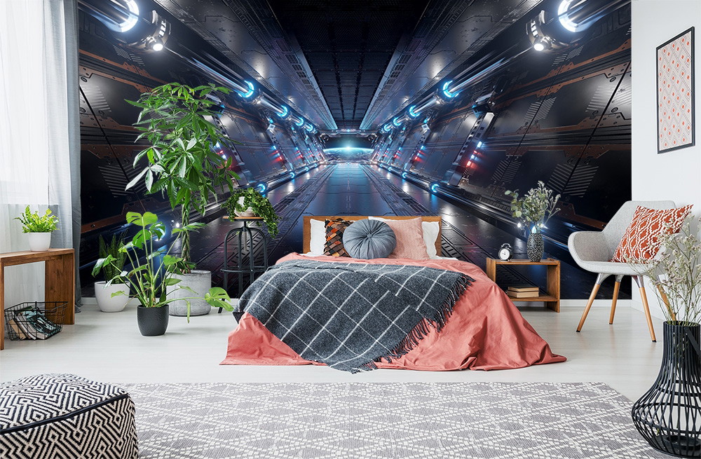 Fototapete - Schlafzimmer mit futuristischem Tunnelmotiv an der Wand und moderner Einrichtung