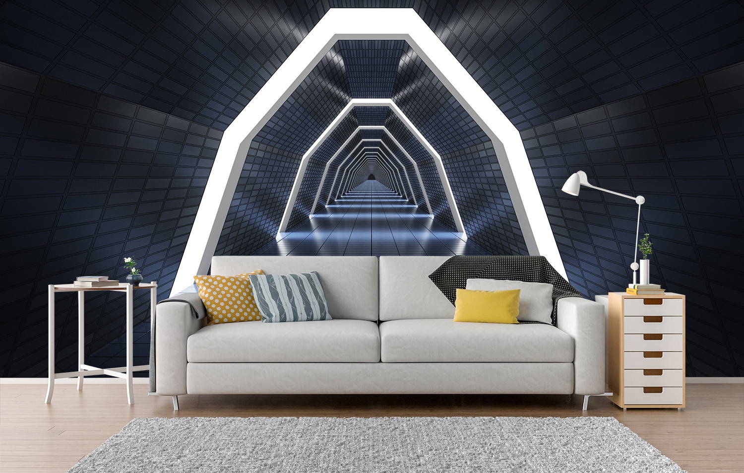 Fototapeta ścienna - Futurystyczny tunel w geometryczny wzór za sofą w salonie