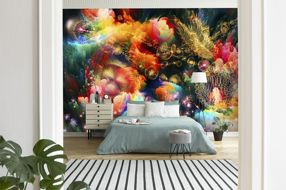 Fototapete - Lebendige abstrakte Kunst mit bunten Wolken und Blasen im Schlafzimmer