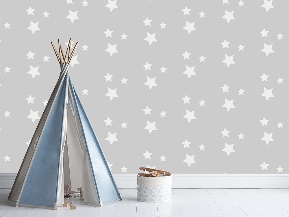 Fototapete - Kinderzimmerdekor mit grauem Hintergrund und weißen Sternen neben einem blauen Tipi-Zelt