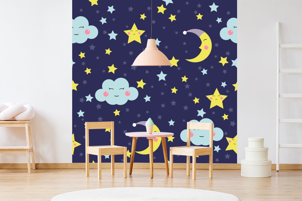 Fototapete - Buntes Kinderzimmer mit Nachthimmel-Motiv, Wolken und Sternen