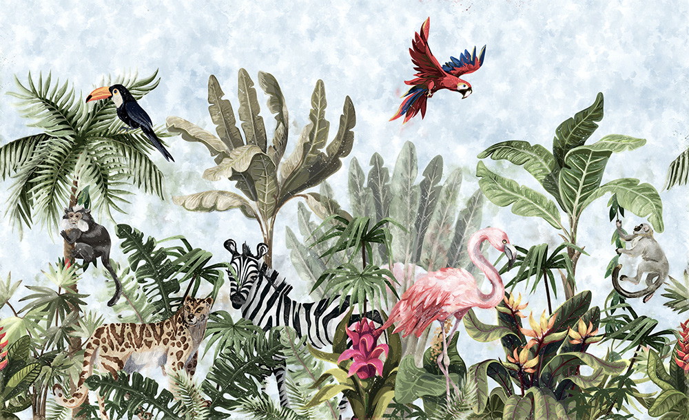 Muurschildering - Illustraties van exotische dieren in de jungle met weelderige vegetatie en vogels
