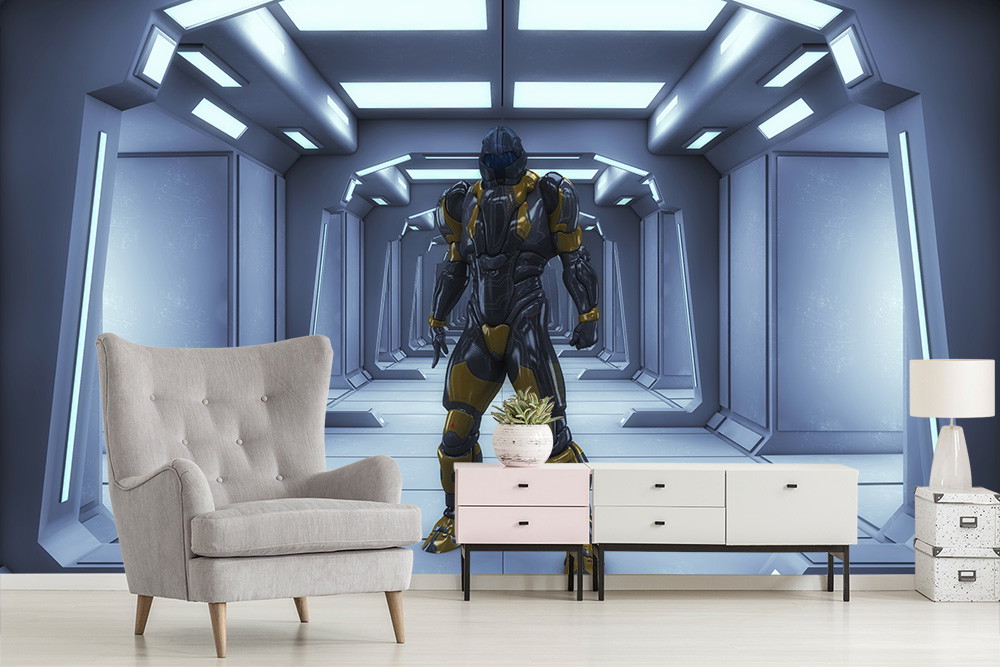 Muurschildering - Een futuristische kamer met een humanoïde robot die door een verlichte, moderne gang loopt in contrast met een gezellig ingerichte kamer met een fauteuil.