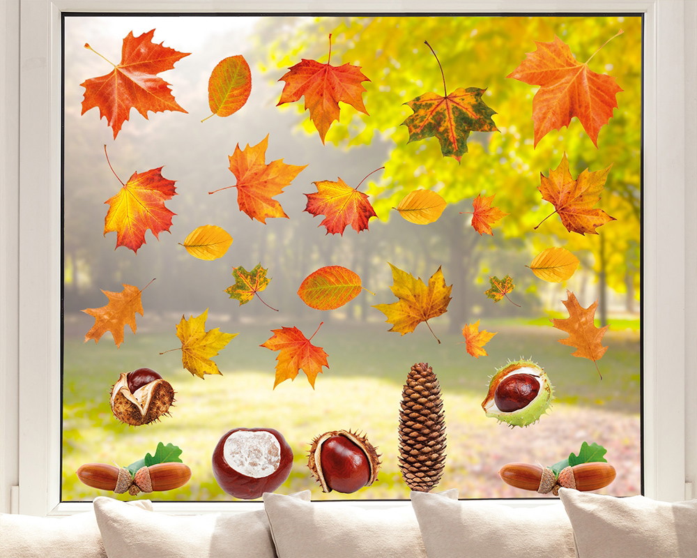 Fenstersticker - Herbstblätter mit Kastanien, Eicheln und Tannenzapfen