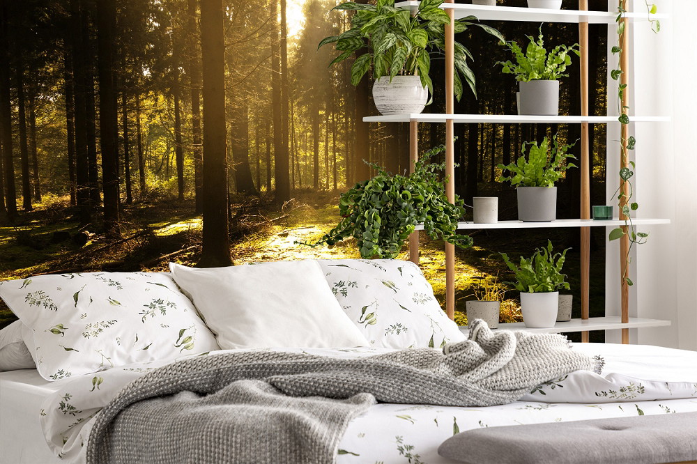 Fototapete - Schlafzimmer mit Bett und Pflanzenregal vor einer Wand mit fotorealistischem Waldmotiv im Sonnenlicht
