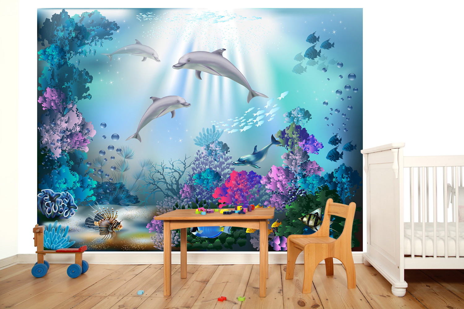 Fototapete - Bunte Unterwasserlandschaft mit Delfinen und Korallen im Kinderzimmer