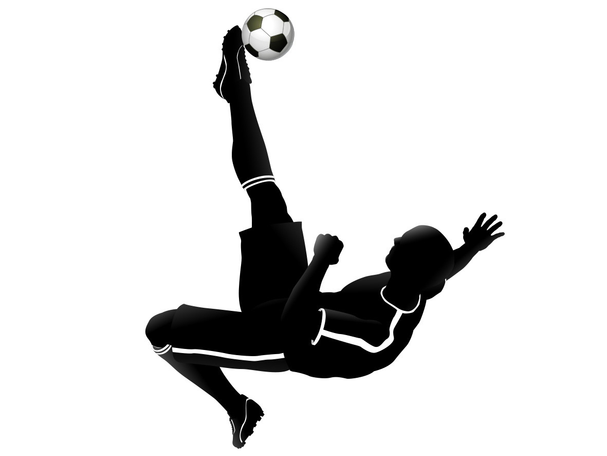 Muurschildering - Voetballer schopt een bal in het zwart