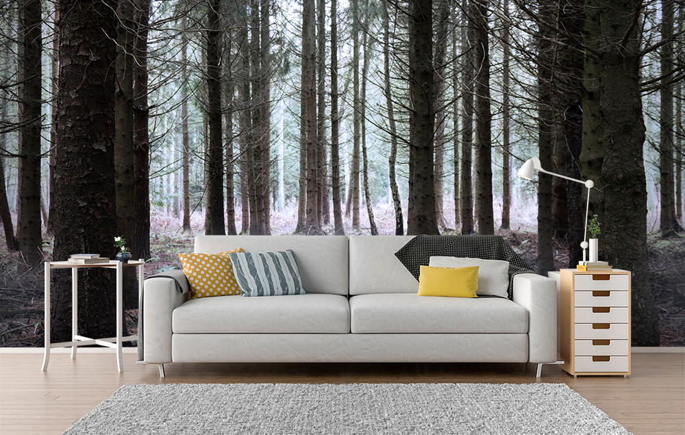 Wall mural - living room with modern furnishings and realistic forest motif on the wall