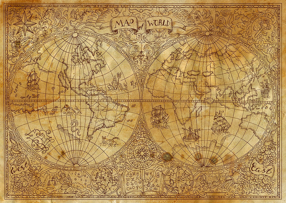 Fototapete - Historische Weltkarte mit antikem Design, zeigt alte Nautik-Symbole und Segelschiffe