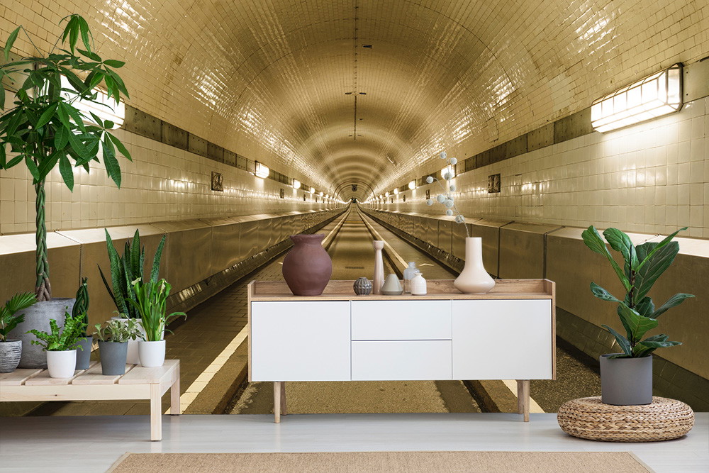 Fototapete - Eleganter Tunnel in einem Raum mit dekorativen Pflanzen und einem Sideboard