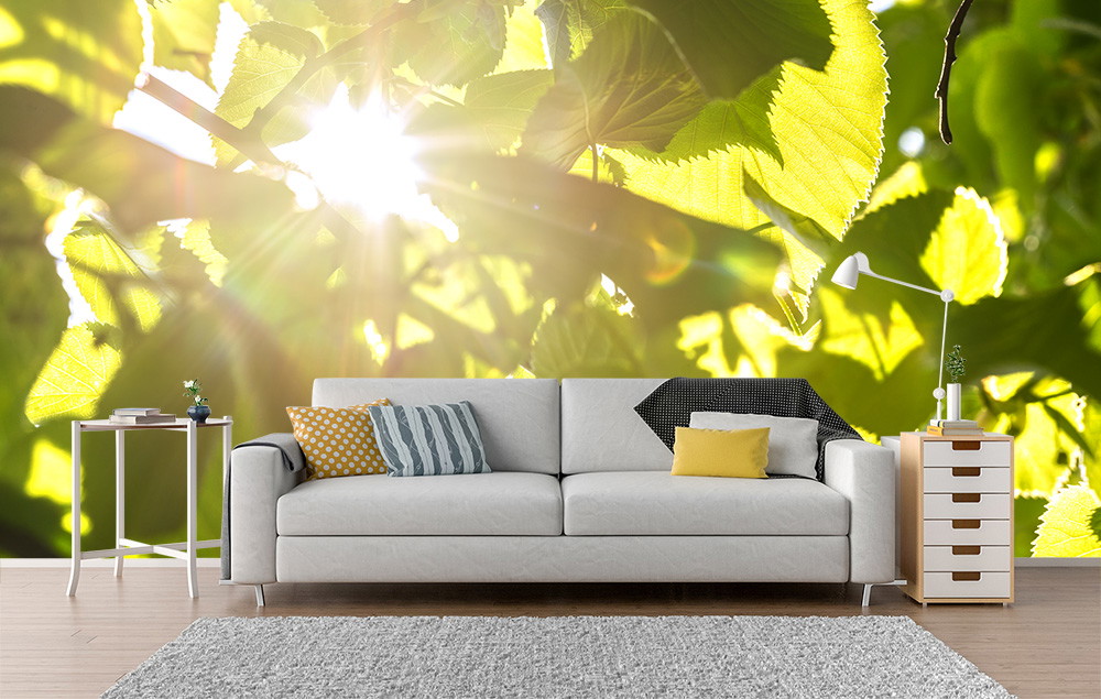 Fototapete - Helles Wohnzimmer mit grüner Blättertapete und einfallendem Sonnenlicht