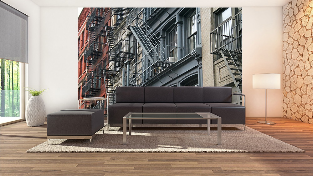 Wall mural - Stylish living room decor with urban fire escape scene