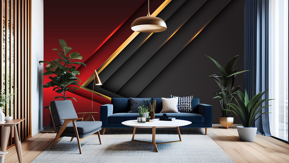 Fototapete - Elegantes Wohnzimmer mit geometrischen Wandmustern in dunklen Tönen und stilvollen Möbeln
