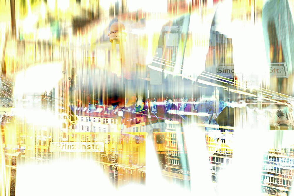 Wall mural - Abstract depiction of a city with colourful vertical stripes and buildings as a background