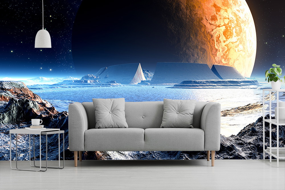 Fototapete - Moderne Wohnzimmerdekoration mit galaktischer Landschaft und großem Planeten