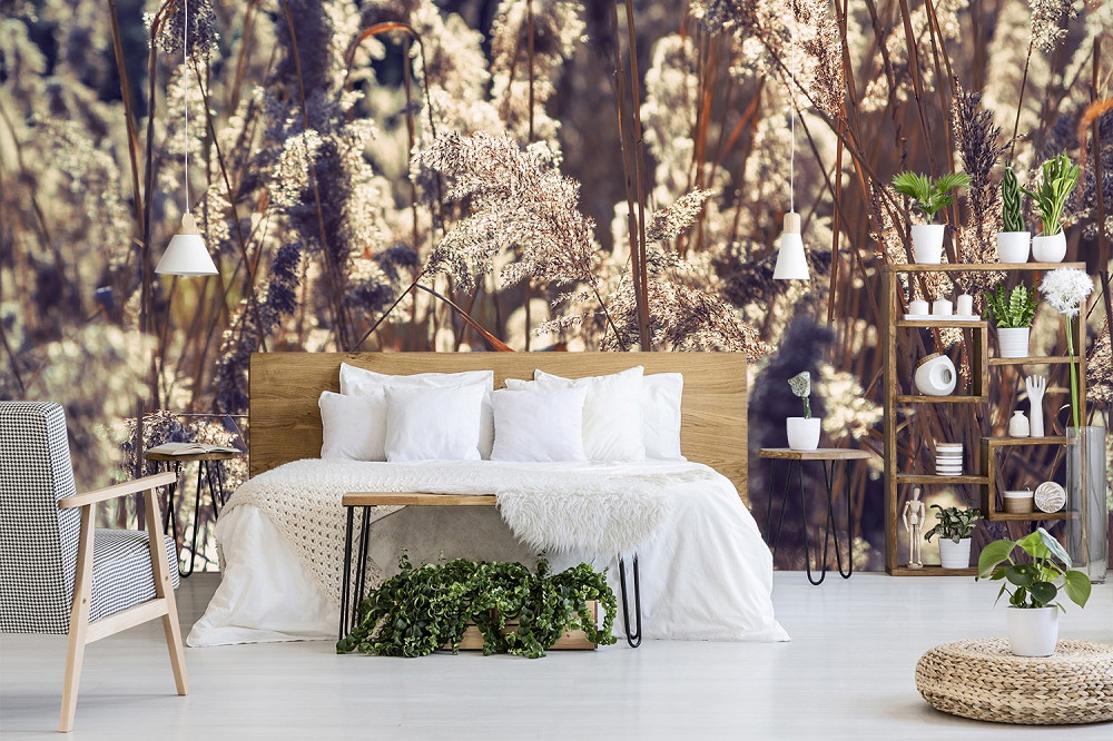 Papier peint photo - chambre avec décor élégant, étagère en bois et papier peint avec des herbes qui créent une atmosphère relaxante