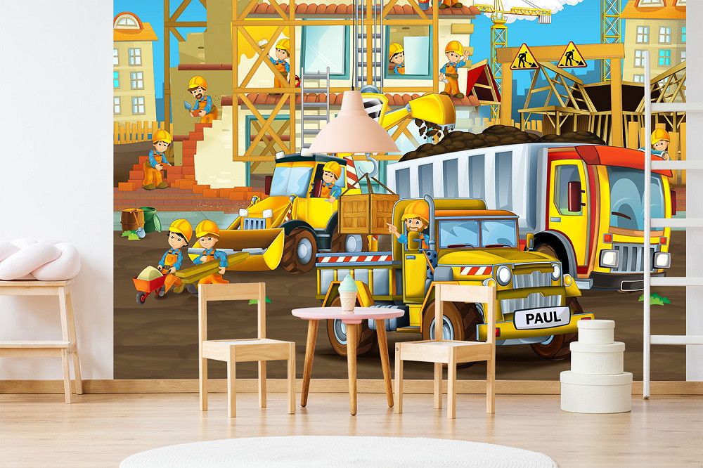 Papier peint photo - Représentation d'un chantier de construction adapté aux enfants avec des ouvriers et des véhicules dans une chambre d'enfant
