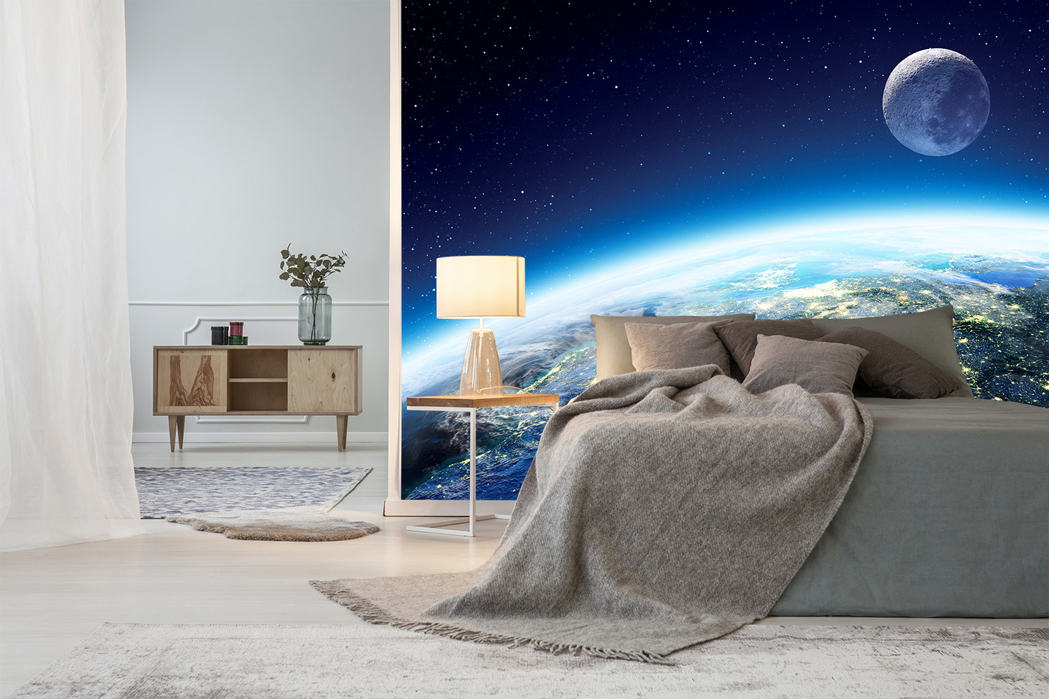 Muurschildering - Slaapkamer met uitzicht op de aarde en de maan