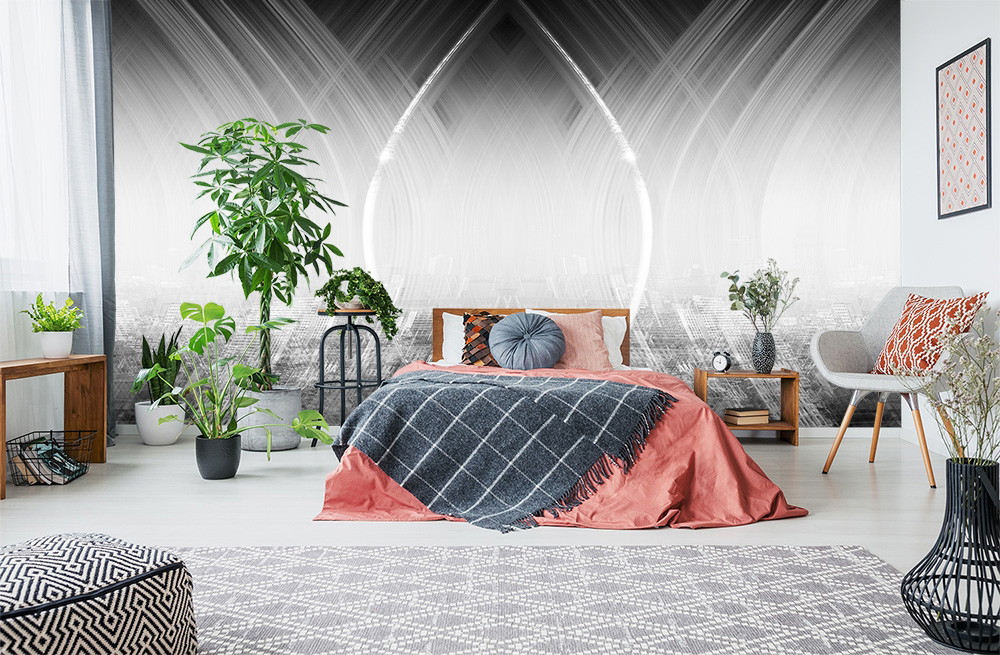 Fototapete - Stilvolles Schlafzimmer mit futuristischem Wandmotiv, Pflanzen und gemütlichen Accessoires