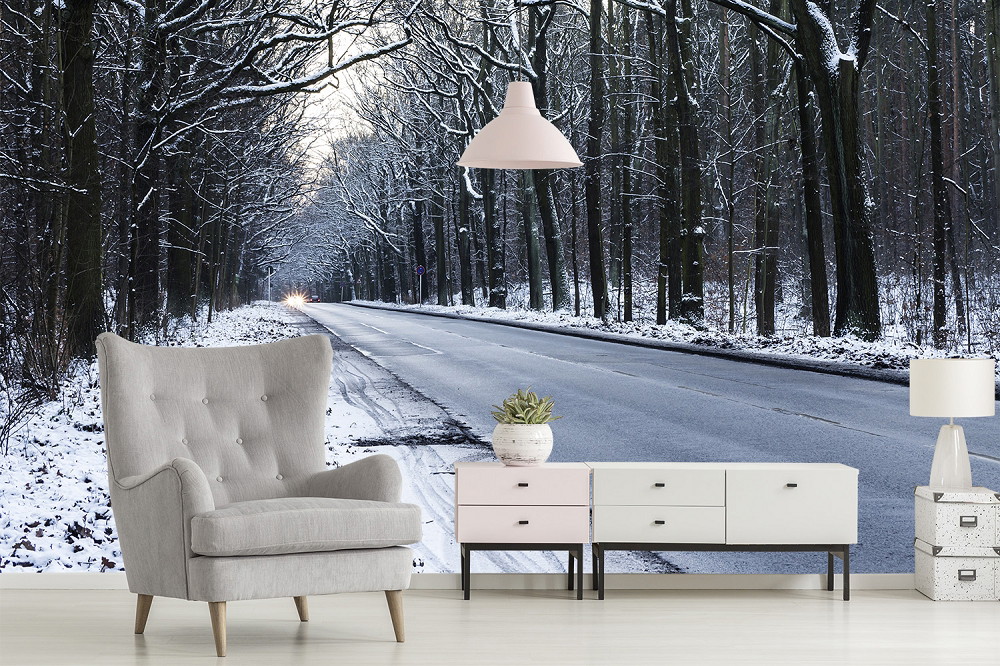 Wall mural - Winter forest road with snow and trees, ideal for living room decoration